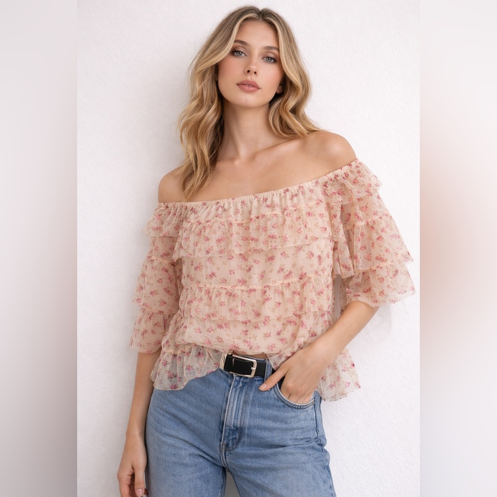 Express Pink Floral Off-Shoulder Ruffle Blouse